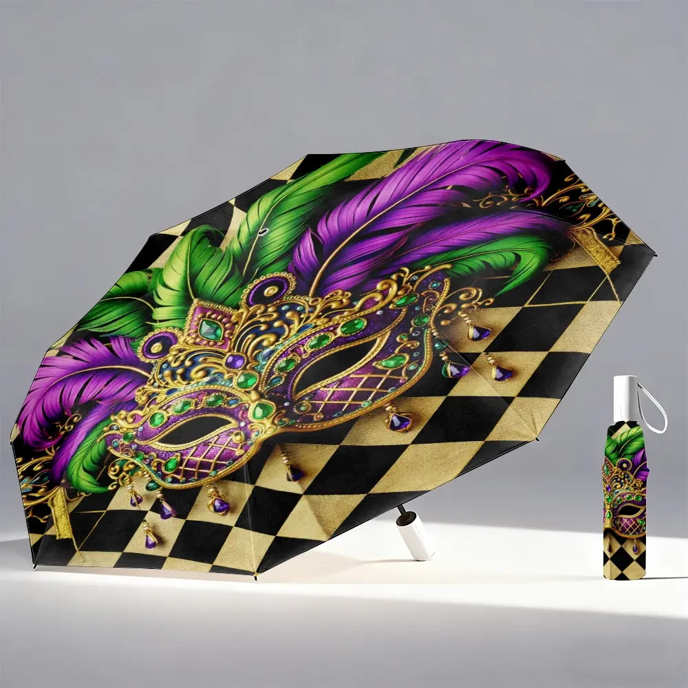 1 Madrid Gras Mask Design Umbrella – Foldable and portable with a durable steel frame, 8-rib manual open/close compact travel umbrella suitable for all seasons, a stylish essential for home and outdoor use, heavy-duty, Outdoor Umbrellas
