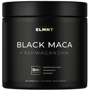 ELMNT 40x Strength Organic Black Maca Root w. Ashwagandha - High Potency Black Maca Root Capsules for Men. 100% Pure Maca Powder. Exercise support