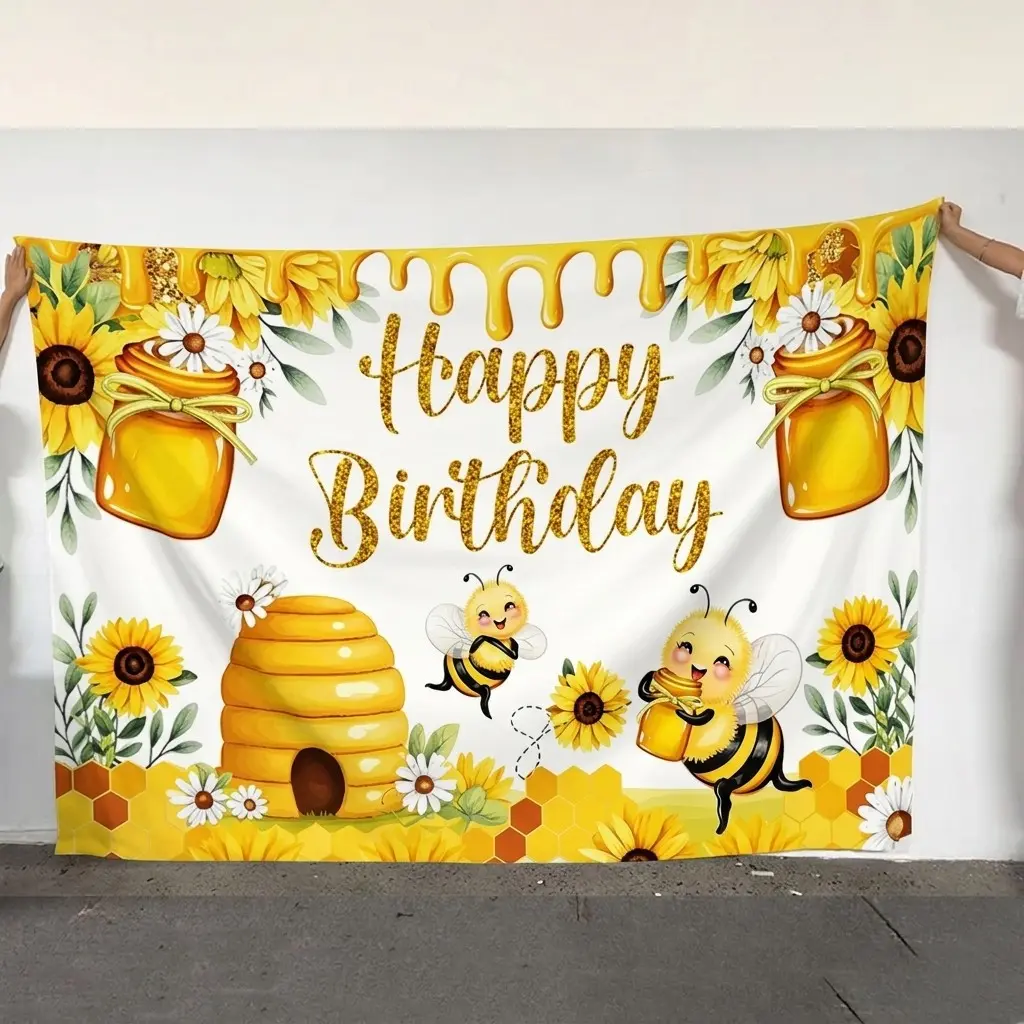 Happy Birthday Honeycomb Bee Pattern Backdrop, 1 Count Colorful Sunflower Bee Birthday Background Banner, Wall Decoration for Birthday Party, Ornaments, Party Decorations Banners