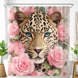 Leopard Print & Pink Rose 4-Piece Bathroom Shower Curtain Set – Waterproof, Machine Washable, Includes Bath Mat, Toilet Cover & U-Shaped Rug, Holiday-Friendly Decor