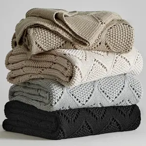 100% Cotton Chunky Cable Knit Throw Blanket - 51x63 Inches Beige, Decorative Breathable for Couch & Bed, French Country Decor, Machine Washable with Laundering Bag