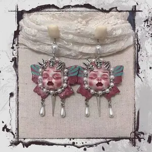 Original Handmade Y2K Subculture Doll Face Drop Earrings Skull Spike & Pearl Detail Gothic Grunge Hot Girl Unique Dangle Ear Jewelry