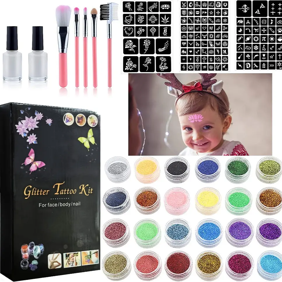 Cartoon Glitter Tattoo Kit Semi-Permanent Small Tattoos Colorful Templates Stage Glitter Makeup, Shimmering Body Makeup, Trending Makeup, Cartoon Flash Powder Tattoo Set, Temporary Body Art, Shimmer Glitter Pigment, Super Sparkly Shimmer