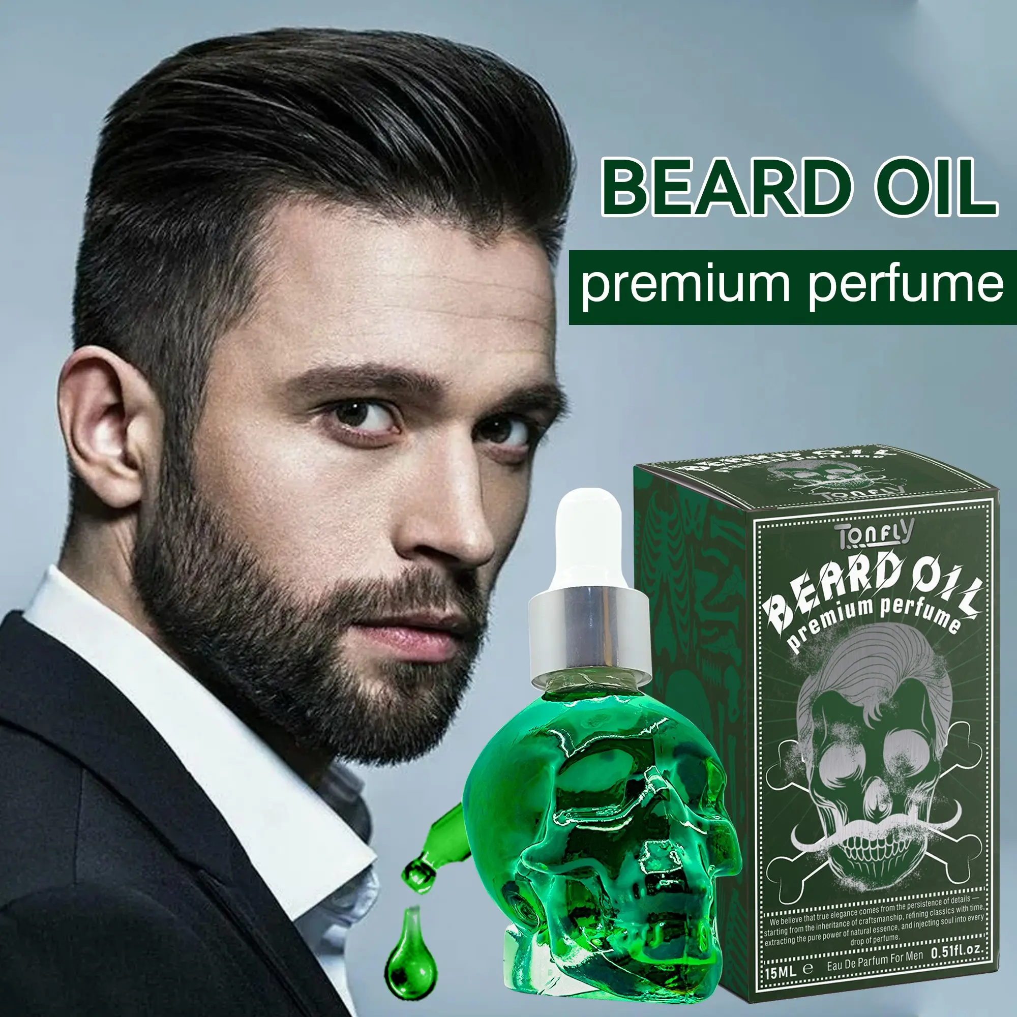 Tonfly Skull Beard Perfume Oil Cologne 15ML, Non-Alcoholic Scented Liquid Fragrance, Single Item, Non-Toxic, No Allergens, Made in China