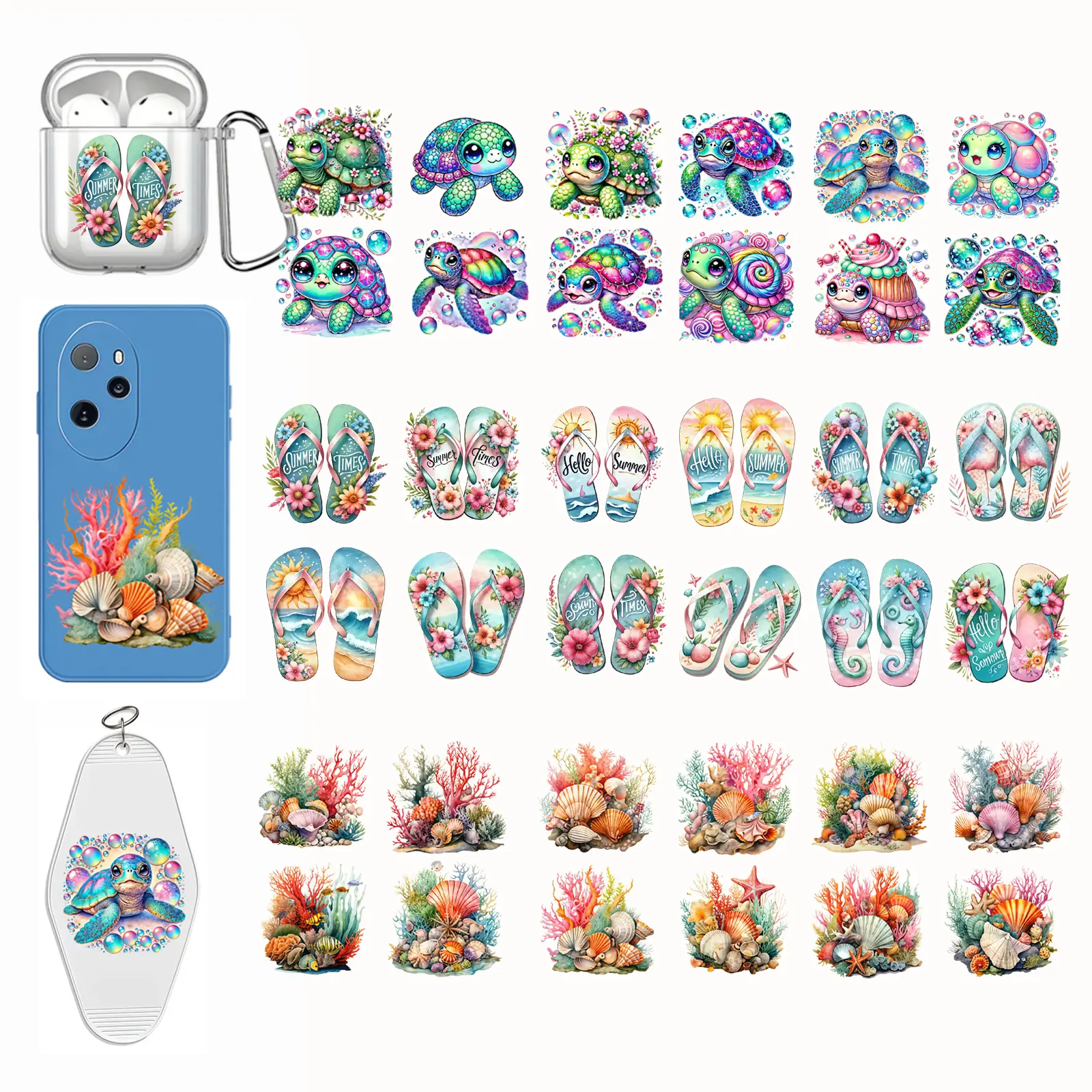36pcs Mixed Styles Plastic UV DTF Cup Wraps Rub-on Transfer Stickers - 3 Designs: Beach Cake Colorful Turtles, Flower Leaf Slipper, Seashell & Coral Flower - Waterproof for DIY Crafts on Glass Cups, Water Bottles