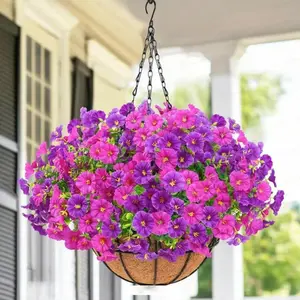 1 set of artificial Hanging Plant Basket, hanging violet flower basket, 19.69-inch with coconut lining, DIY high-quality antioxidant artificial flowers, spring decoration, suitable for indoor and outdoor, balcony, room, wedding decoration