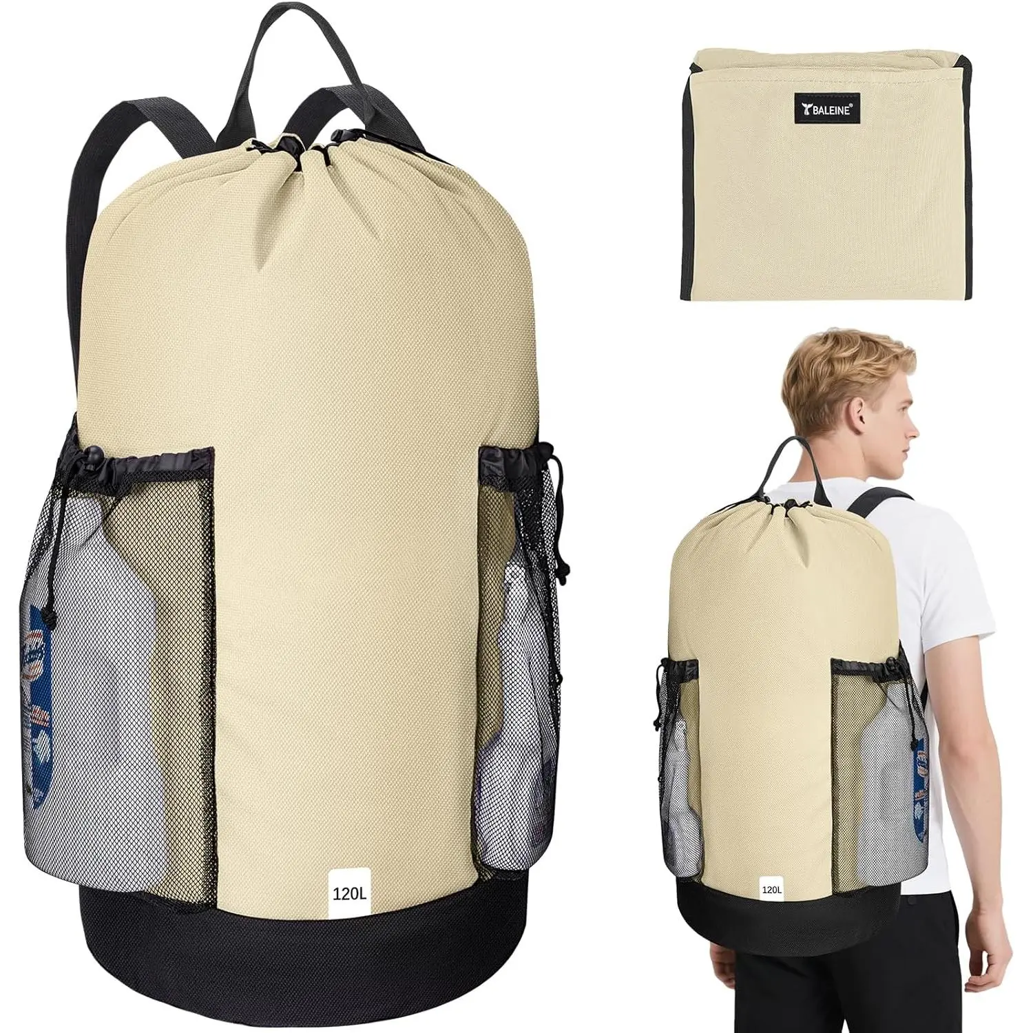 Portable Heavy Duty Laundry Backpack - 120L/150L Large Size, 900D Oxford Fabric, Shoulder Straps, 2 Mesh Pockets, Laundry Bags Mesh Wash Bags for College Dorms, Laundromats