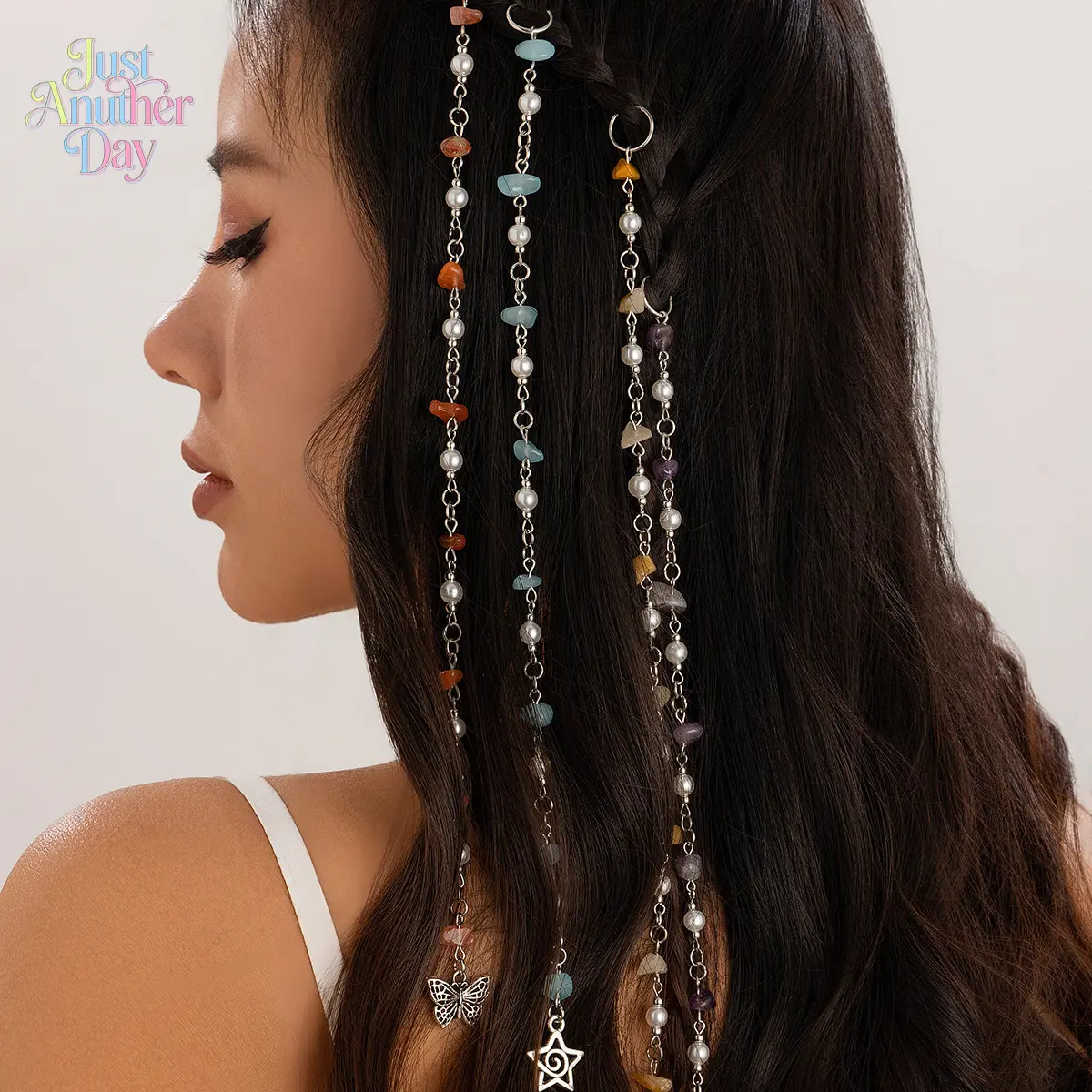 Boho Natural Stone Hair Chains, Funky Unique Accessories, Long Crystal Tassel Dreadlock Ornaments with Butterfly-Star Charms, Ideal for Festival-Beach Vacation Hairstyles