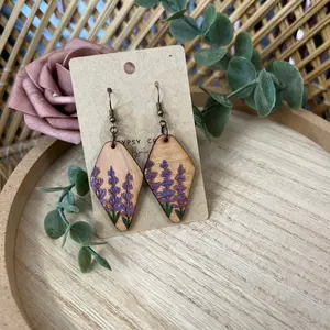 Lavender Earrings - Laser Engraved Wooden Earrings - Lightweight