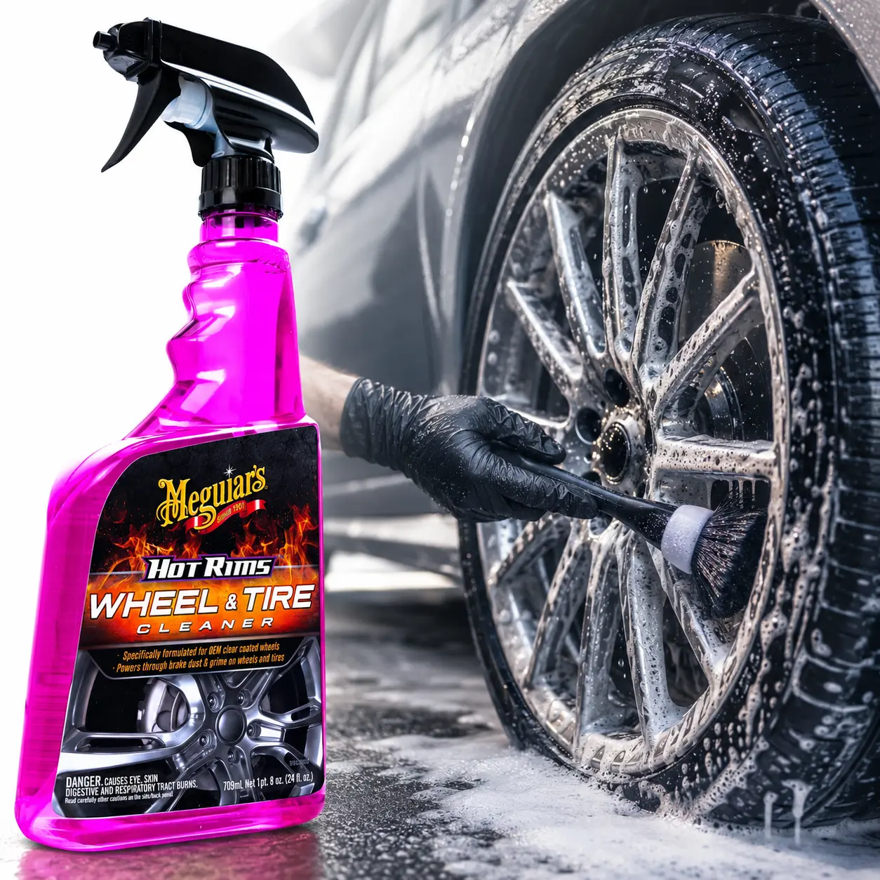 Meguiar's Hot Rims Wheel and Tire Cleaner, wheel tire cleaner, brake dust, road grime, tire dirt, brown sidewalls, Xtreme Cling foam, vertical surfaces, OEM clear coated wheels, factory painted rims, spray on hose off, fast clean, car detailing, truck SUV