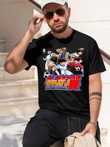 tain Tsubasa 2026 new model Black/White Tee Stylish & Comfortable Loose Crew Neck Short Sleeve T-shirts Versatile On Trend Eye Catching Printed Graphic Casual Tee for Daily Wear Outings & Leisure