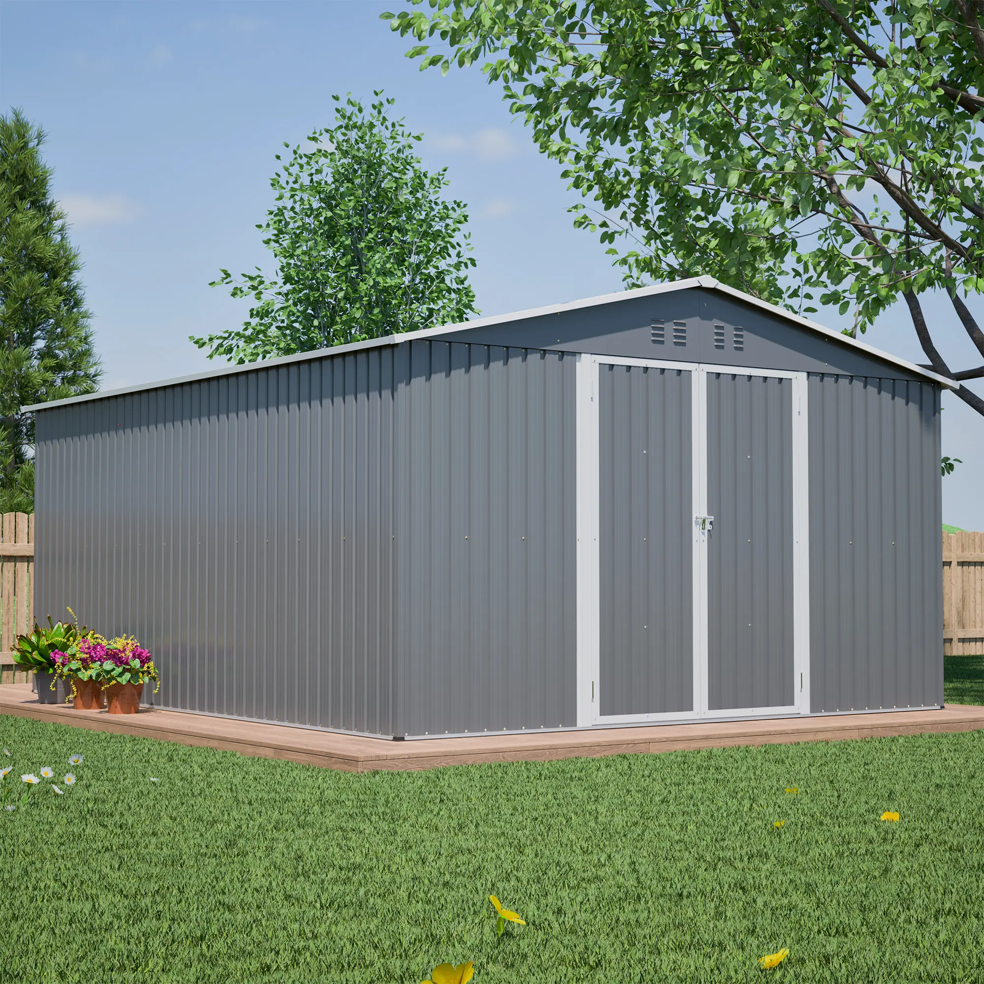 11x13 FT Galvanized Steel Outdoor Storage Shed - Durable Garden Shed, Heavy-Duty Lockable Doors, Sturdy Reinforced Floor Frame, 4 Air Vents, 140.5 ft² Weatherproof Tool House for Backyard, Patio, Storage Shelter Shed