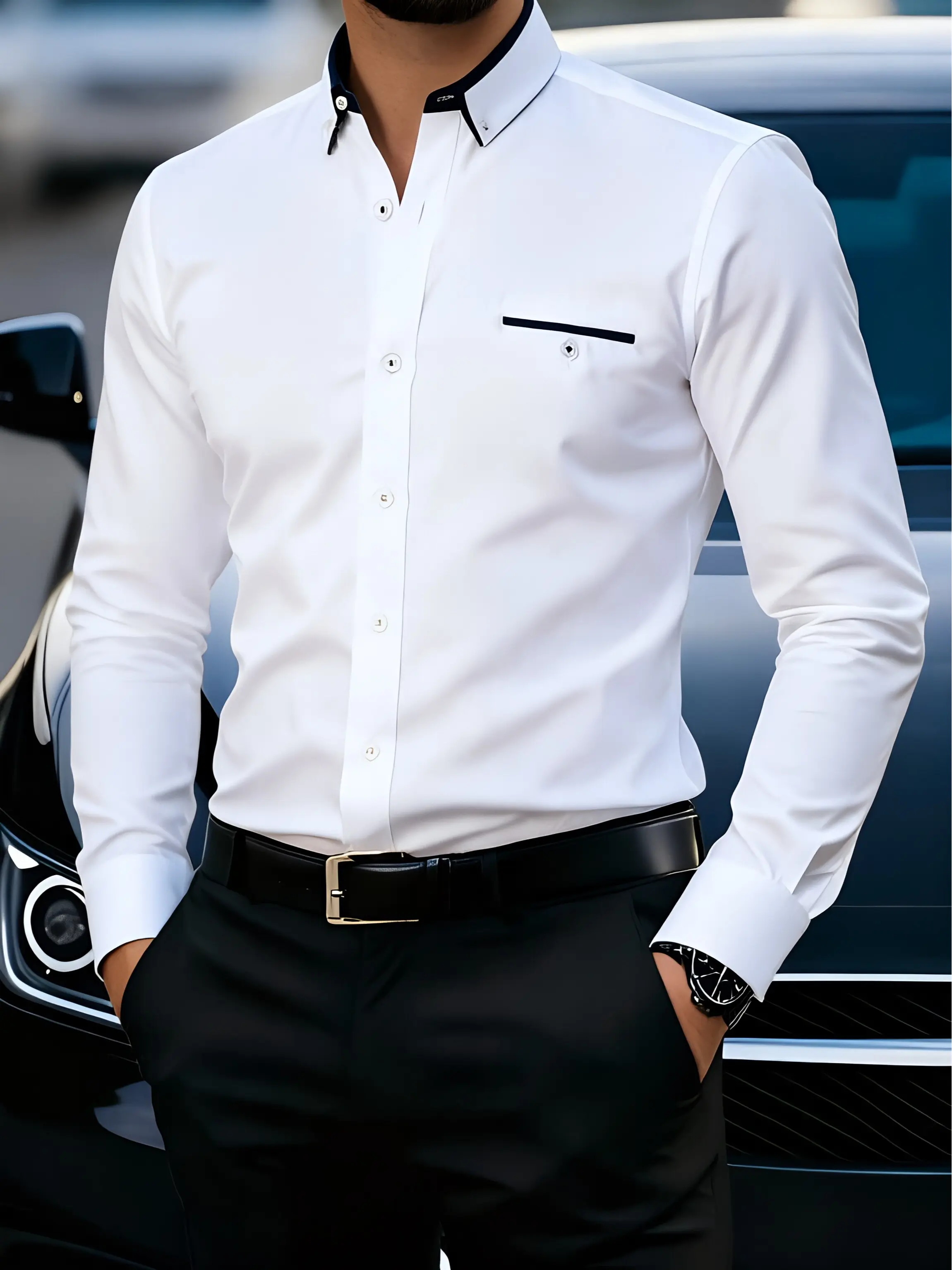Men's Premium White Button Dress Shirt - Longsleeves Slim Fitted Wrinkle-Resistant Fabric, Unique Black Collar & Pocket Trim, for Wedding, Everyday Wear Elegance