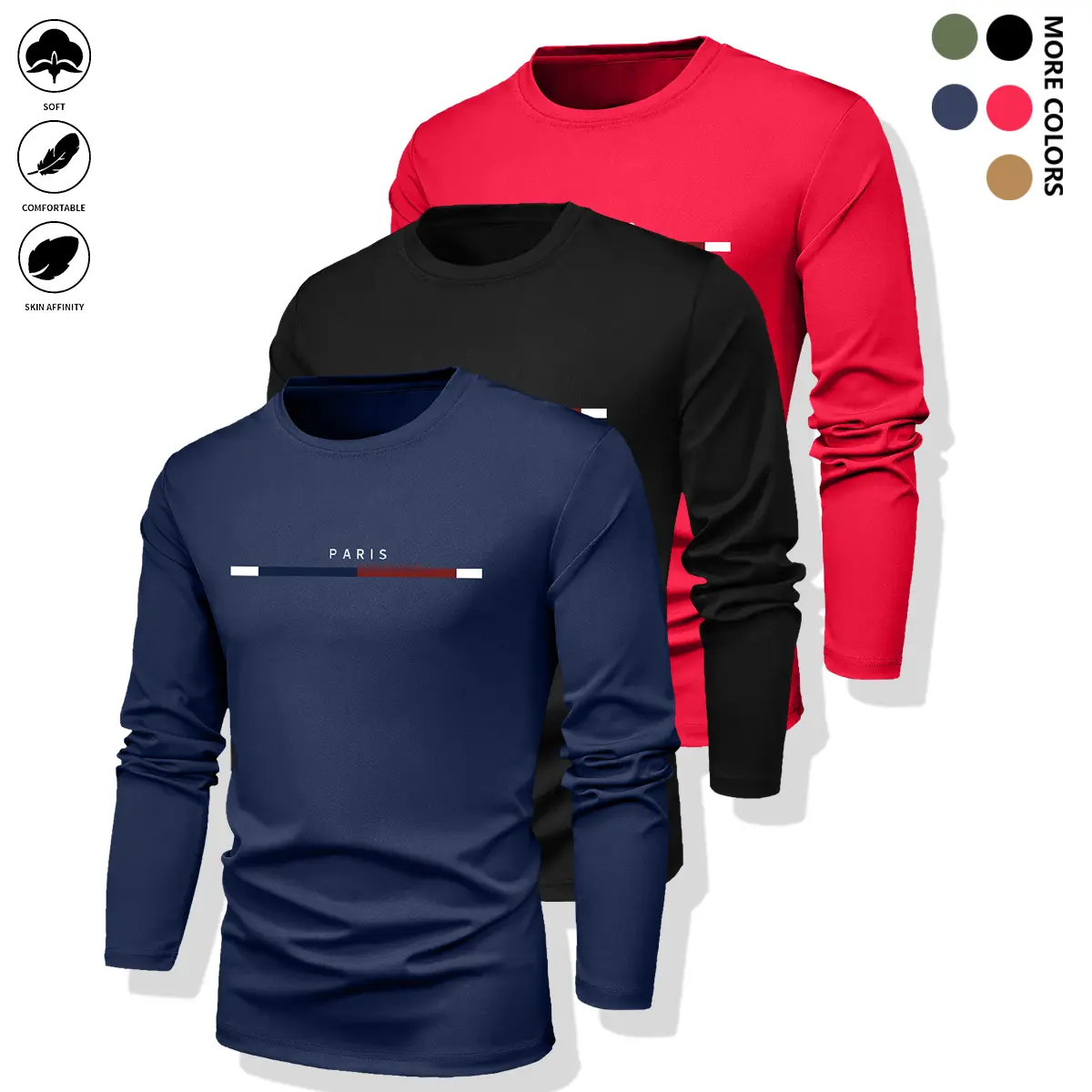 Men's 3-Pack Long-Sleeve Crew Neck T-Shirts, Fitted Cut, Breathable Lightweight, Front Screen Print, for Workouts or Home Use, Mens Fashion Shirt, Mensfashion, Polyester,back to school,back to school shopping, Workout/Home