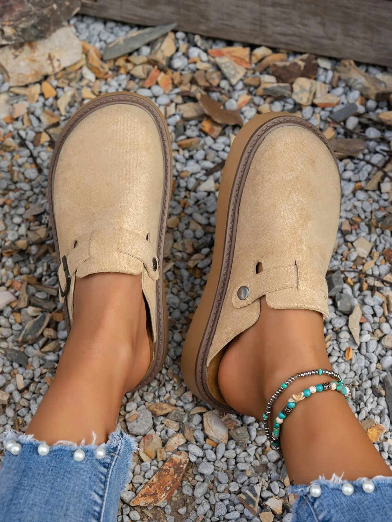 Women's Solid Color Buckle Design Slip on Walking Shoes, Casual Comfortable Non-slip Slip on Shoes for Daily Wear, Female All-match Round Toe Shoes for Daily Wear, Girl, Classic Clog, Casual Slip ons, Casual Lifestyle Footwear