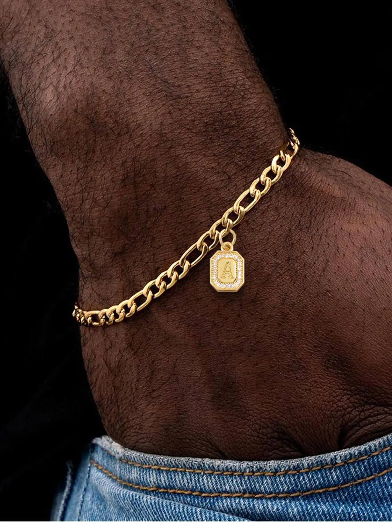 Men's Letter Pendant Bracelet, New Trendy Gold-Tone Stainless Steel Chain Bracelet with Pendant, Versatile and Exquisite Jewelry, Birthday Gift for Men