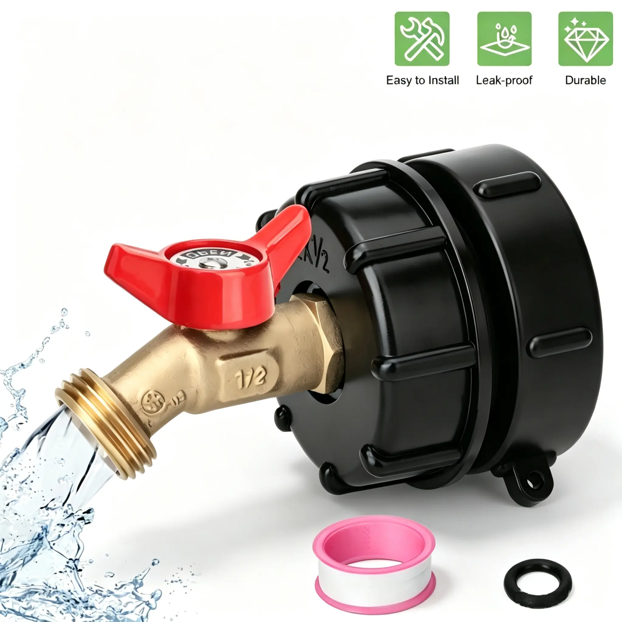 IBC Tote Tank Adapter Kit for 275-330 Gal Water Storage, 2.44'' Fine/2.36'' Coarse Threads, Brass Valve, 1/2'' Male NPT × 3/4'' Male GHT Garden Hose Connector for Fluid Flow