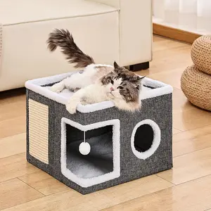 Deluxe Double-layer Three-layer Cat Bed, Cat Hole Dog Tent, Multiple Styles of Foldable Pet Beds, Sisal Scratch Board, Anti Slip Base, Bed Built Kennel