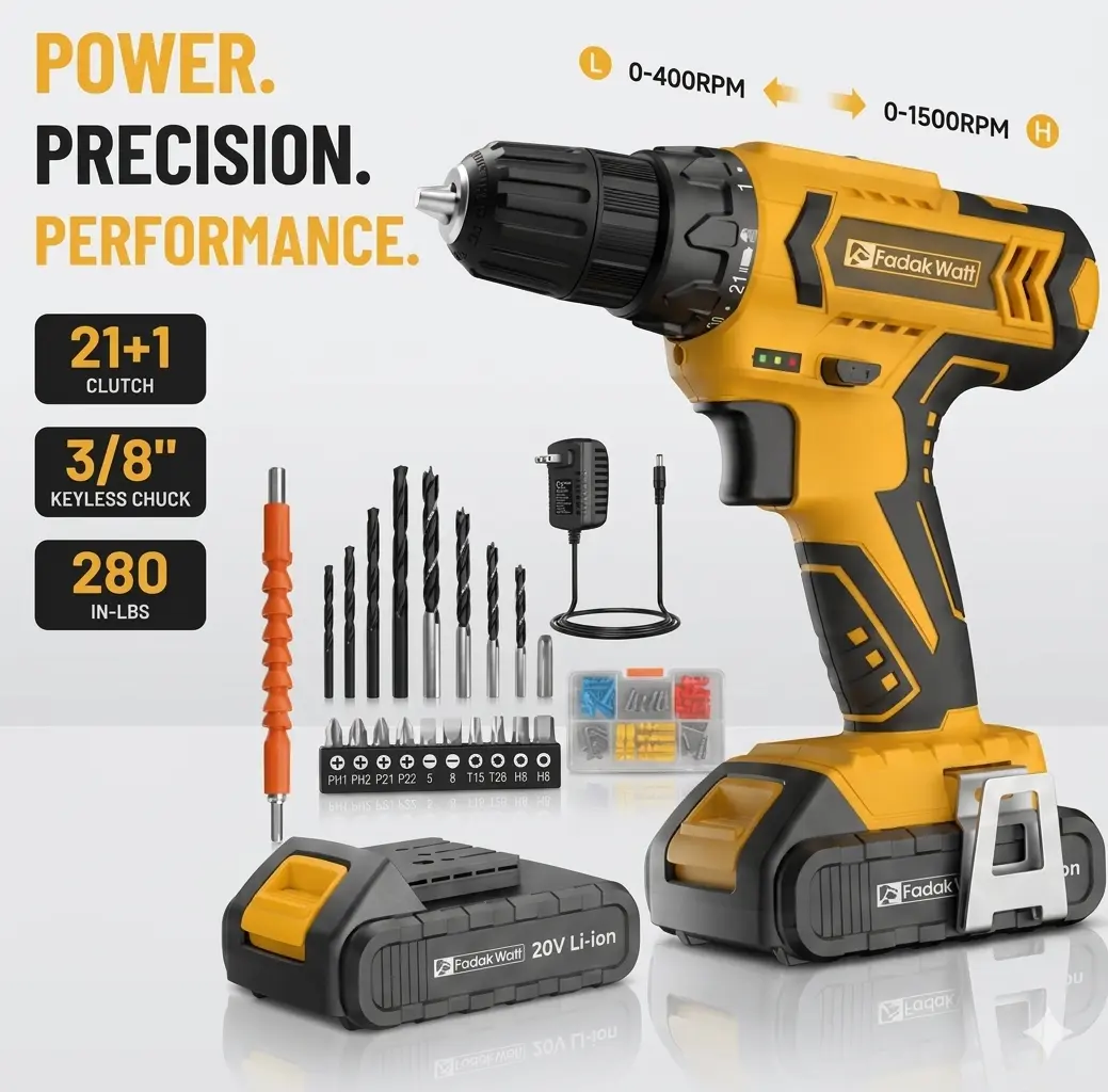 Fadak Walt Cordless Power Drill-Driver Screwdriver Combo - Rechargeable Wireless Set, Detachable High-Capacity Battery, 1 Charger, 21+1 Gear Settings, High Torque, Home Hardware Tool, Rechargeable Drill Set Power Drill Tool Wireless Drill Set