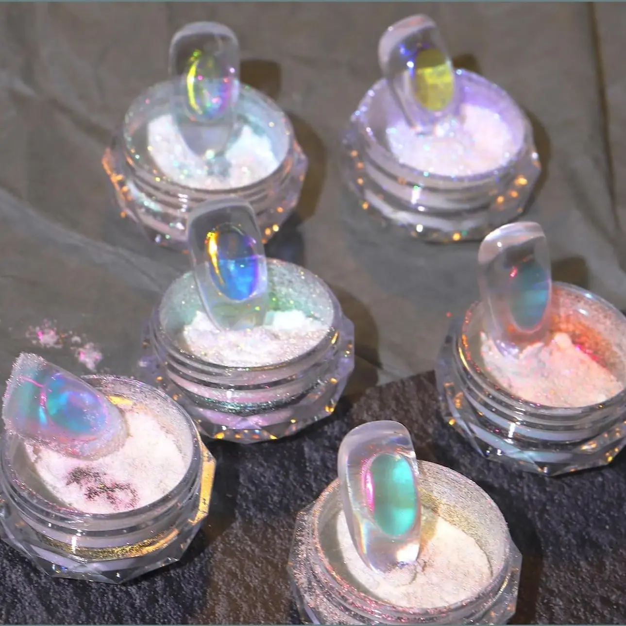 6 Colors Neon Rainbow Holographic Finish Chameleon Effect Ice Transparent Aurora Glow Nail Powder Multi Chrome Iridescent Pigment Pearlescent Nail Art Glitters  Manicure Nail Art Decorations Nail Decoration Supplies