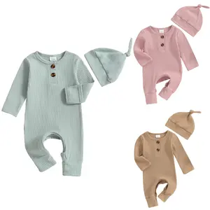 Infant Boys Girls Clothes Set Newborn Baby Romper Hat Ribbed Knit Long Sleeve Button Solid Bodysuit Jumpsuit