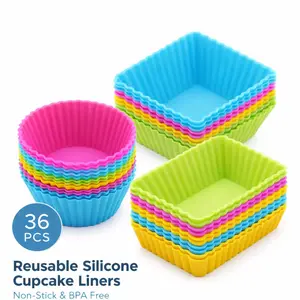 36 Pack Silicone Muffin Cups – Reusable Cupcake Liners, 3 Shapes (Round, Square, Rectangular) – Perfect for Baking, Lunch Box Bento Dividers – Colorful, Regular Size