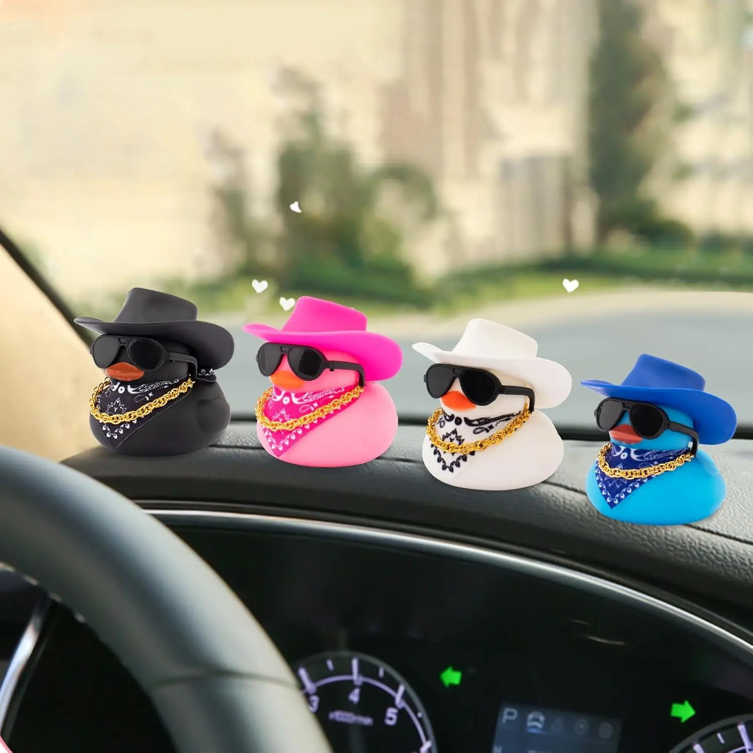 Car Dashboard Decoration Colorful Rubber Ducks, Rubber Ducky Car Ornament Cute Duck with Cowboy Hat Glasses Necklace Scarf