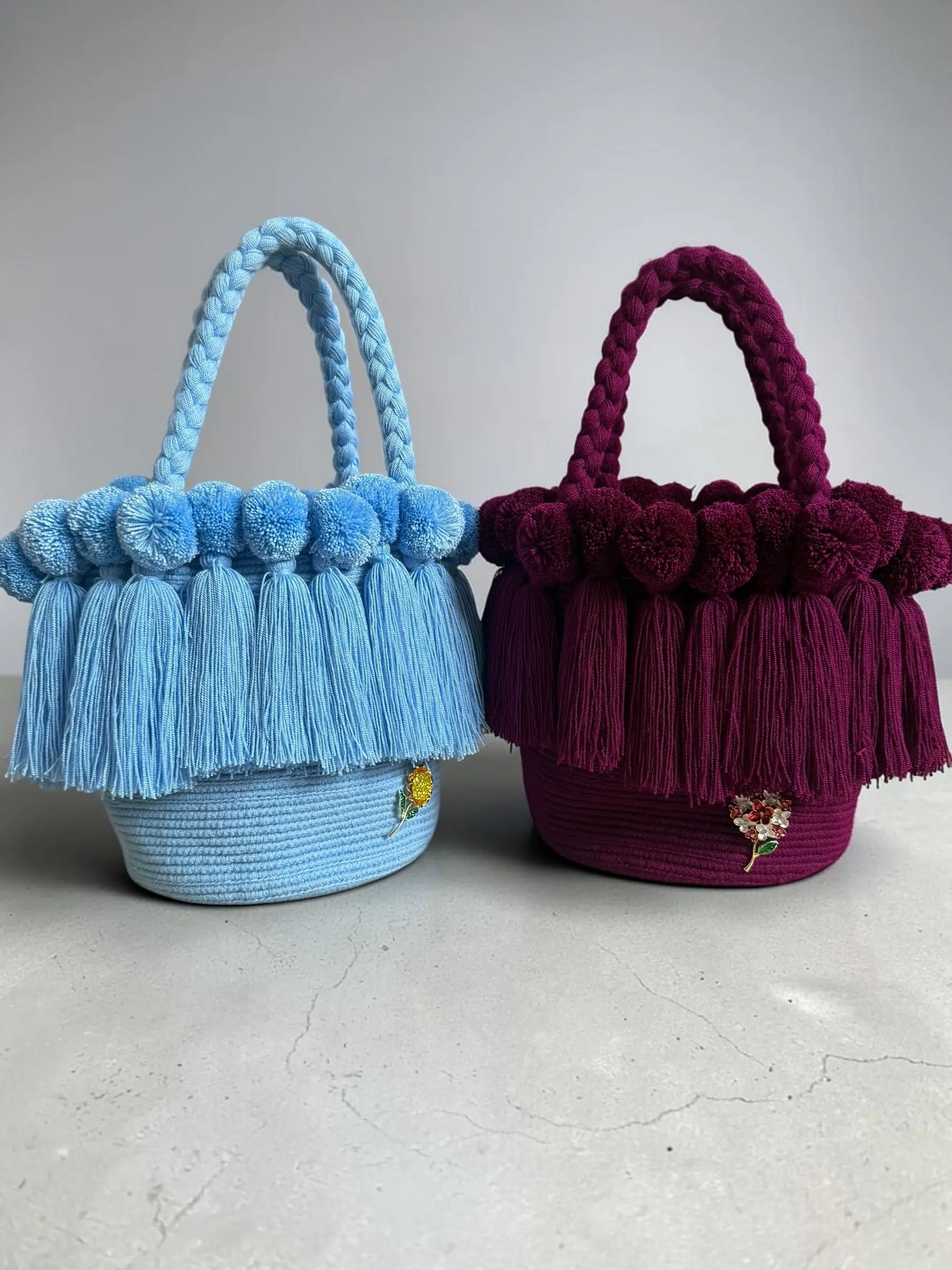 Medium Handmade Wayuu Crochet Handbag with Pom Poms & Tassels | Artisan Luxury Bag with Inner Lining | 9” Height