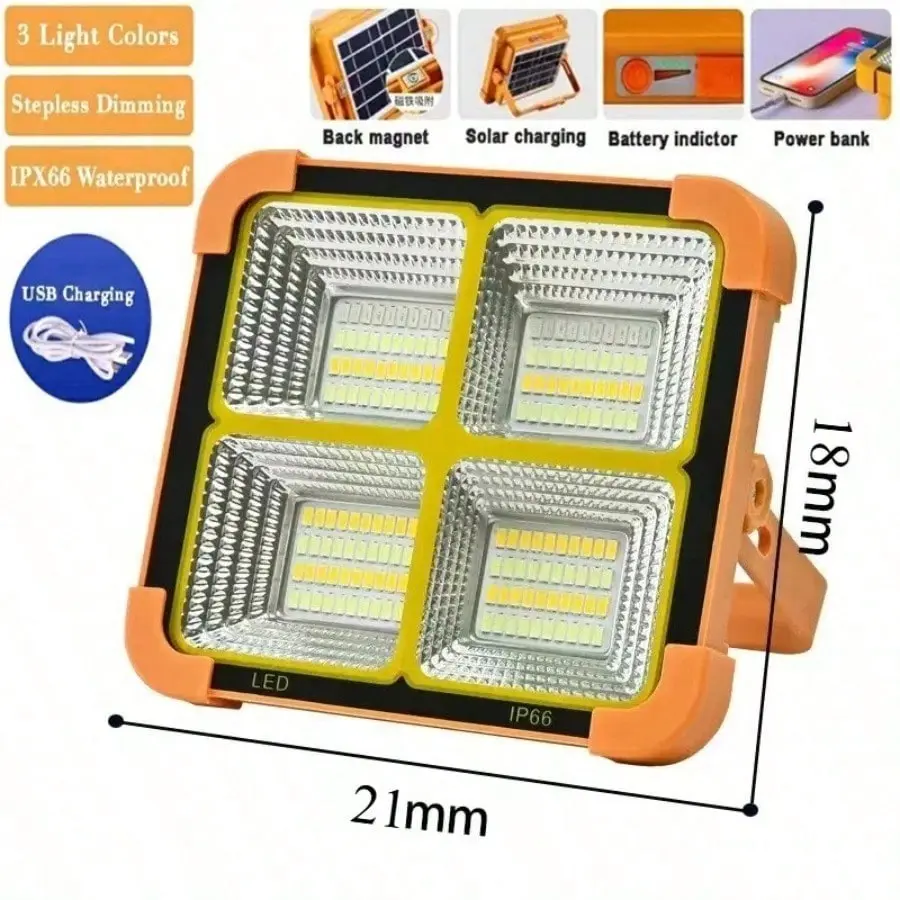 Solar Rechargeable Portable Camping Light with Stand - High Performance Flashlight, Solar Searchlight, USB Rechargeable Spotlight, Super Bright Worklight, Power Bank with Warm White Light & Magnetic Baseplate for Emergency Use