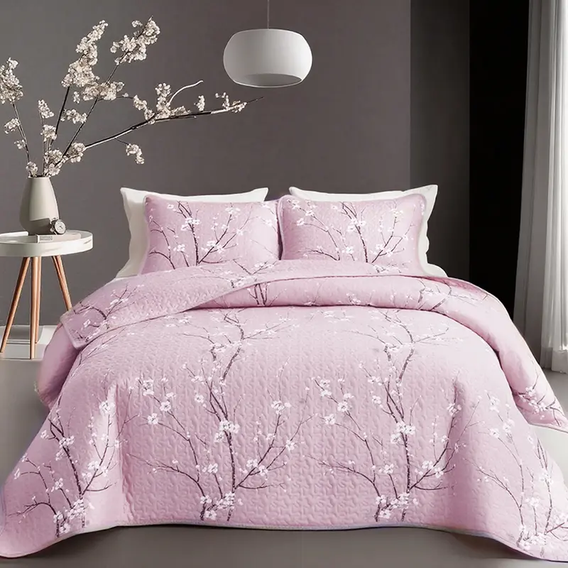 Cherry Blossom Flower Quilt Set Bedding Soft Breathable Ultra Fine Fiber Design Light Blue Gray Plant Pattern Machine Washable Duvet for Bedroom Guest Room Home Decoration