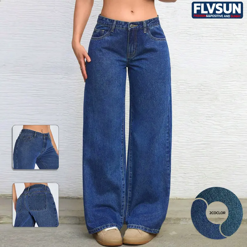Flvsun-Straight Leg Jeans for Women High Waisted Baggy Pants Lounge Loose Fit Boyfriend Wide Leg Jeans with Pockets baggy jeans jeans 2007  Casual Womenswear Fitted Basic Bottom Cute Jeans