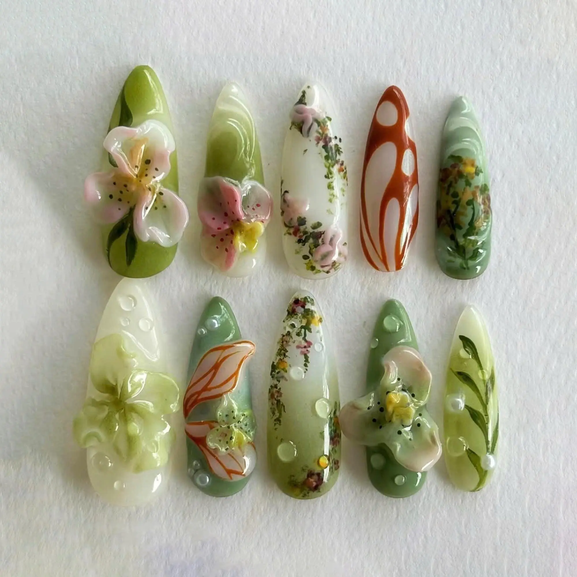 Terra Nails – Handcrafted Matcha Green Press-On Nails, Fairycore Art, Dreamy Nails, Holiday/Party, 3D Flower, Spring Nails – TN161