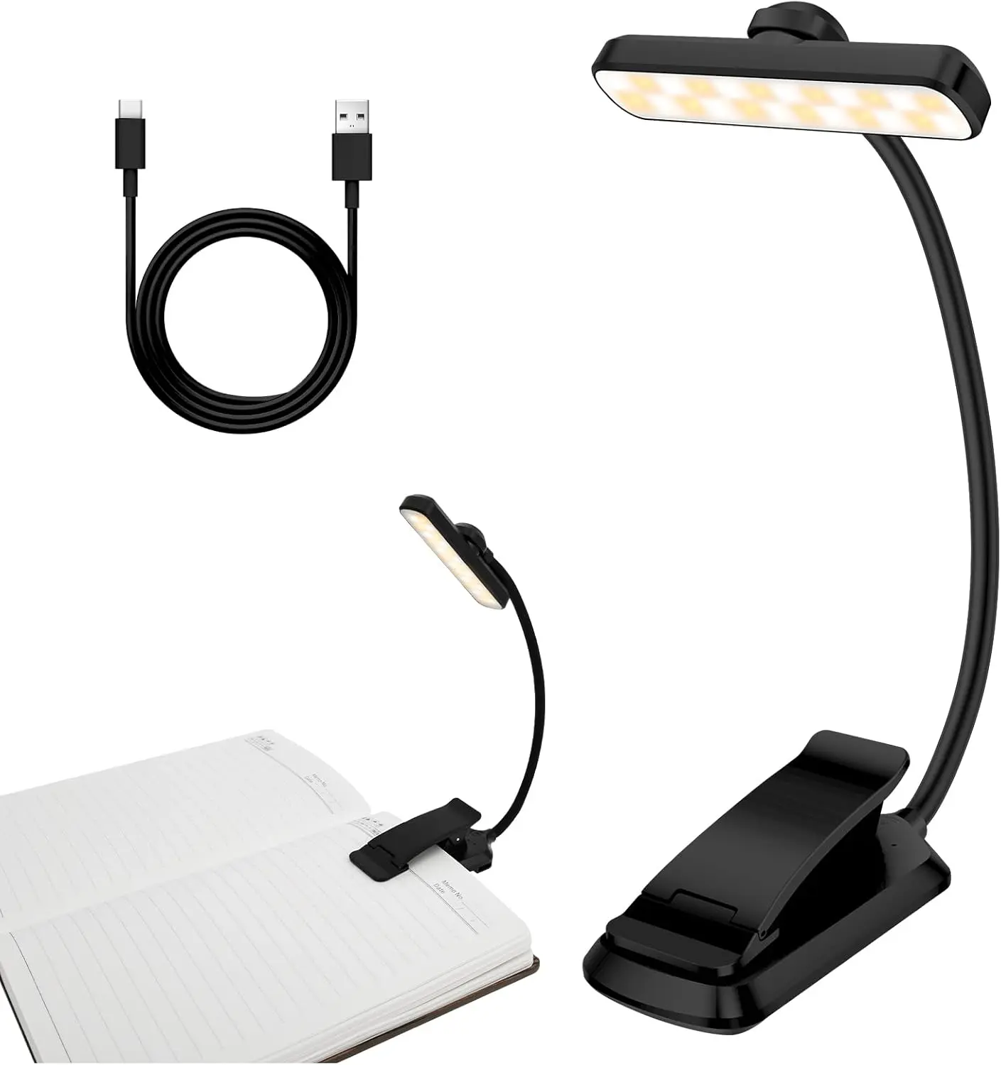 24-LED Rechargeable Clip-On Book Light (<36v) for Night Reading, Compact USB-C 1000mAh Batteries, Eye-Caring 3 Color Temperatures, 80H Runtime, 360° Flexible Neck, Lightweight ABS Flicker-Free Clip-On Lamp for Indoor Use (Household Appliance Accessory)