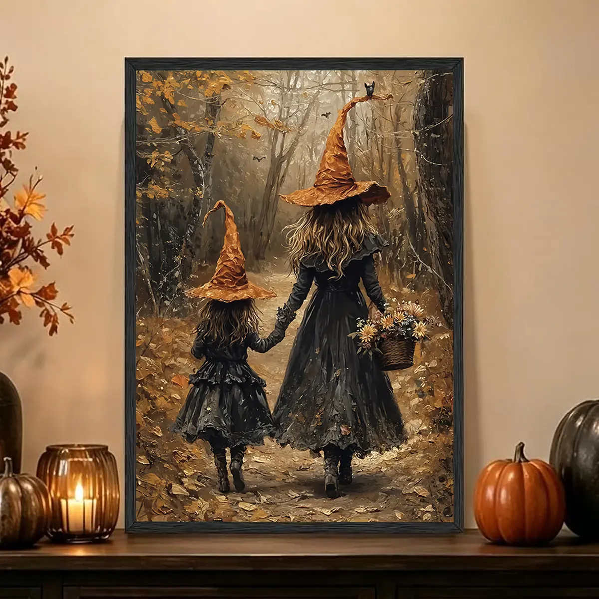 2 Little Witches Autumn Forest Vintage Halloween Oil Art Minimalist Hanging Canvas Wall Art Poster, Lightweight 2D Flat Print Home Decor, Farmhouse Bedroom Entryway Fall Wall Decoration