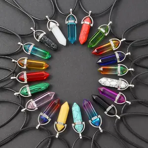 20Pcs hexagon pillar quartz necklace Turquoise pink Crystal necklace Leather chain Natural stone necklace