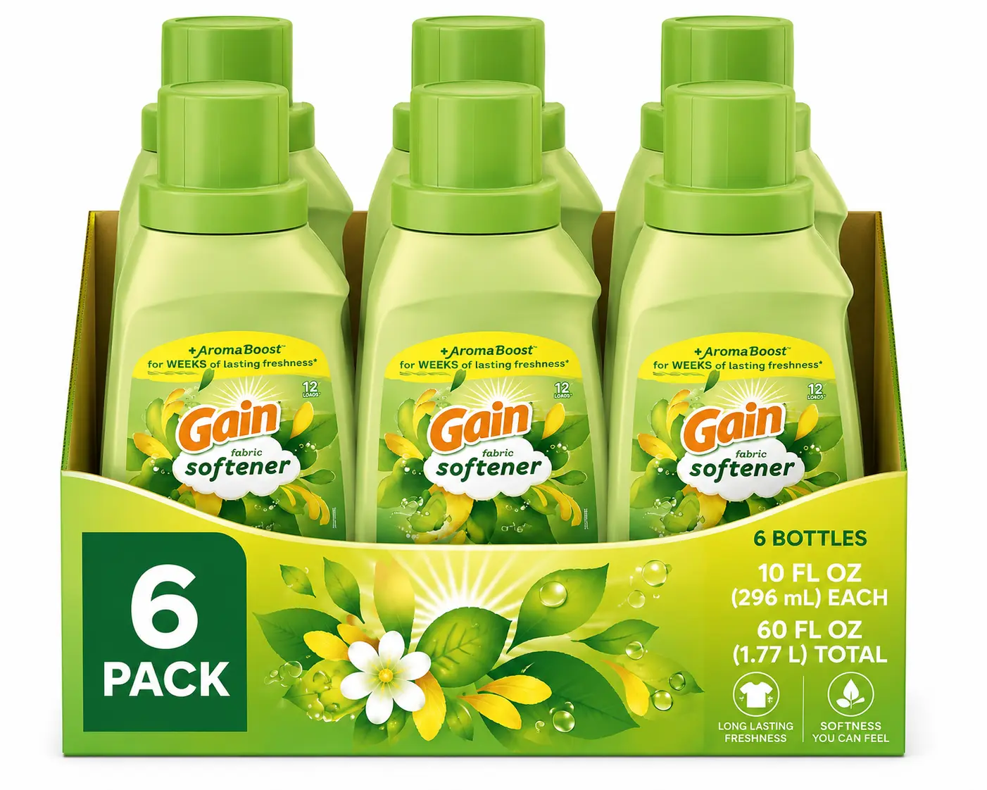 Gain Original Liquid Fabric Softener, 6 Pack (6 x 10 fl oz Bottles) – Aroma Boost, Long-Lasting Freshness, Softens Fabrics & Reduces Static