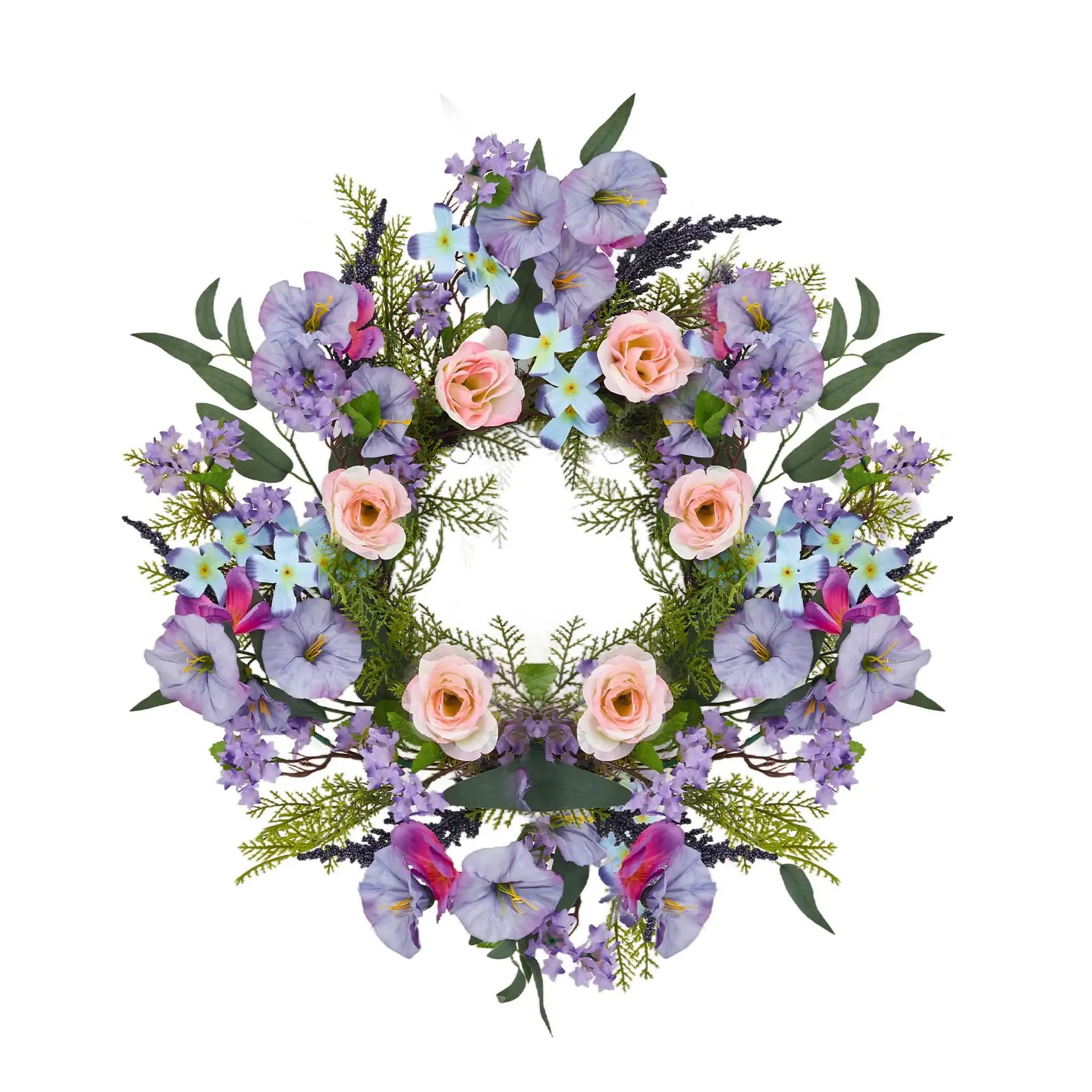 20 Inch Artificial Trumpet Rose Wreath – Purple & Pink Spring Summer Fall Winter Door Decor – PVC+PE Farmhouse Wall Wreath for Indoor Outdoor Use – Lifelike Floral Design