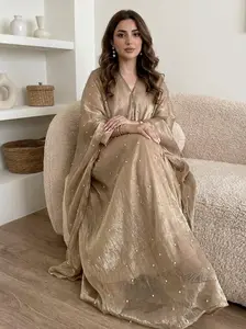 CL01 Starlight sparkling pearl abaya, two piece suit, abaya cardigan, bottoming dress Modest Beige Women Chiffon Chic【Fashionweek】 Modern Elegance Exquisite