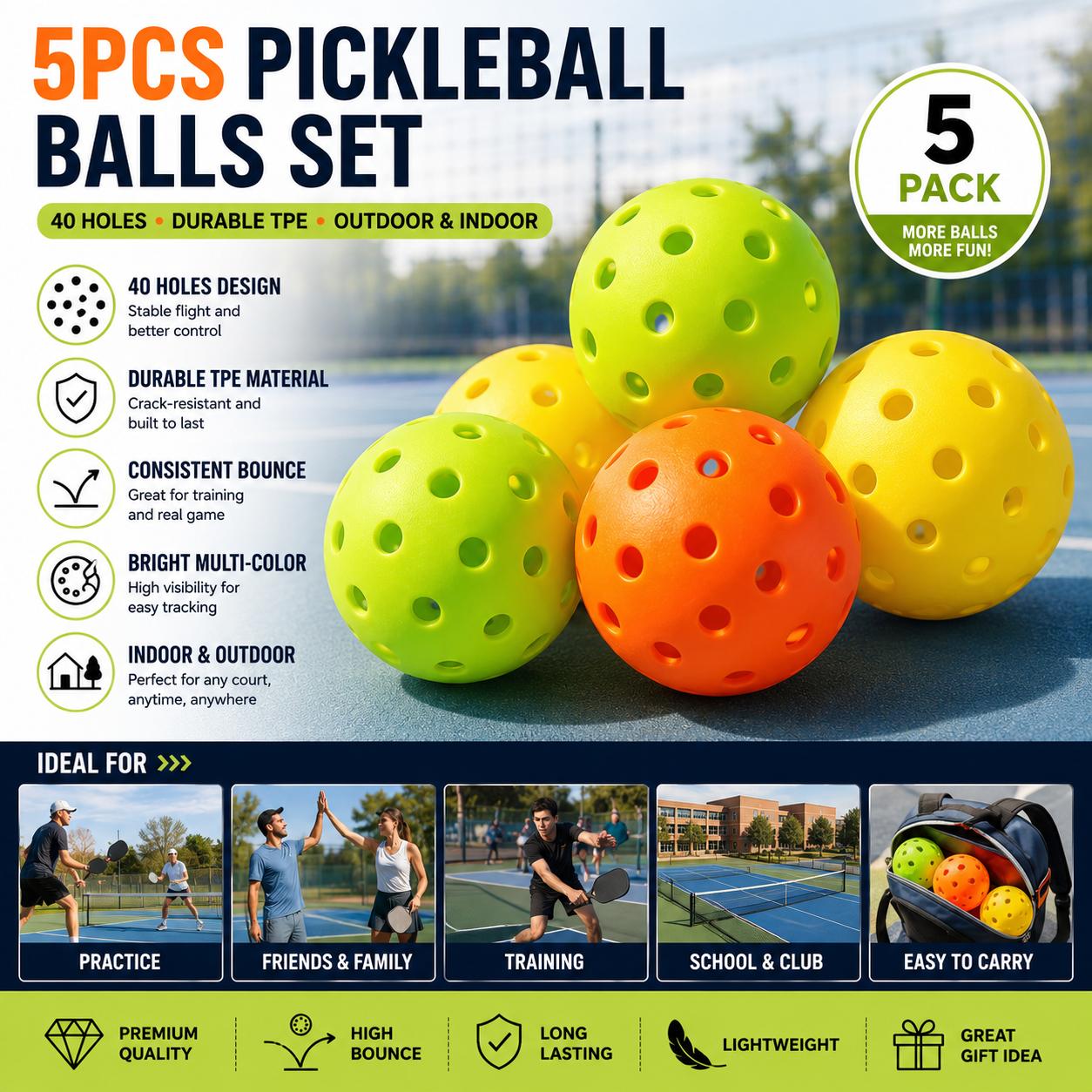 5PCS Outdoor Pickleball Balls Set, 40 Hole High Bounce Pickleballs for Beginners & Pros, Durable TPE Training Balls for Indoor Outdoor Court Games, Multi Color Sports Accessories for Practice & Competition 5PCS Outdoor Pickleball Balls Set, 40 Hole High Bounce Pickleballs for Beginners & Pros, Durable TPE Training Balls for Indoor Outdoor Court Games, Multi Color Sports Accessories for Practice & Competition