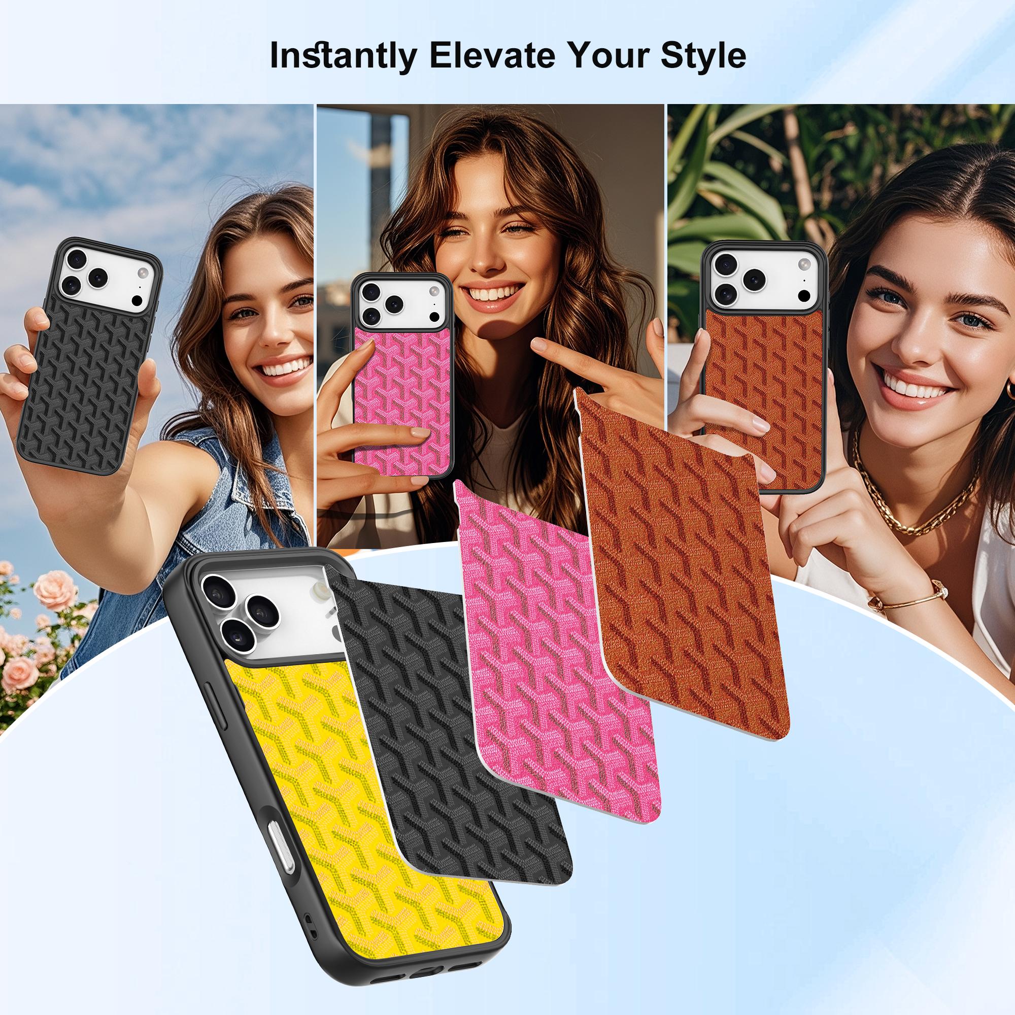 MagSafe Luxury Leather Texture Case for iPhone 17 16 15 14 13 12Pro Max 17 Air | Orange Chevron Pattern, Electroplated Shockproof Protective Phone Cover, Aesthetic Designer Case for Women Men