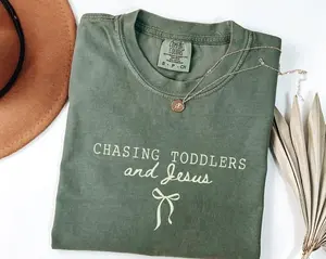 Comfort Colors Comfort Colors Chasing Jesus and Toddlers Coquette TShirt,Christian Teacher T-Shirt, Aesthetic Faith Based Bow Tee, Christian Mom Gift, Beachy Tee,Teacher Tee Cotton Graphic Tees Funny Shirt Tee