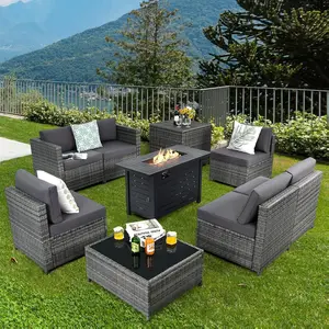 COSTWAY 9 Pieces Patio Rattan Furniture Set, Patiojoy Sectional Sofa Set w/Fire Pit Table, Storage Box, Coffee Table, Outdoor Wicker Conversation Set w/ 42” Propane Fire Pit Table