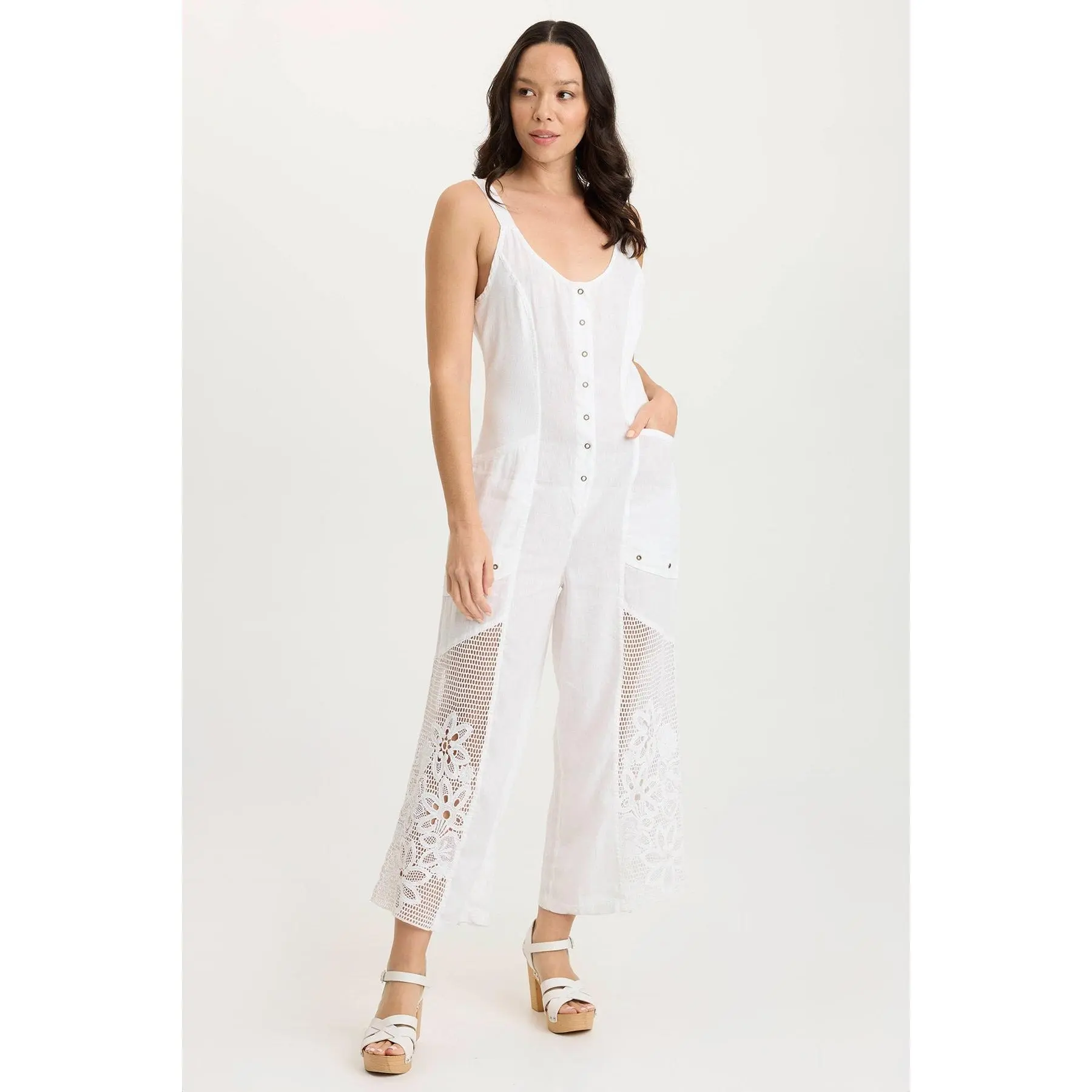 Nairi Linen/Crochet Mesh Contrast Jumpsuit