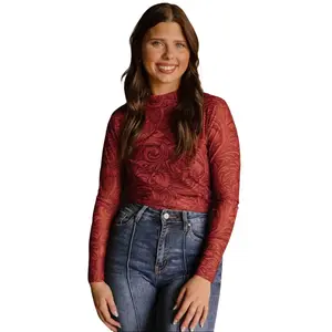 Sterling Kreek Women's Red Tooled Mesh Blouse - Long-Sleeve Slim-Fitting Casual Autumn Statement Shirts, Leather Detailing, Breathable Spandex-Polyester Fabric, Printed Design
