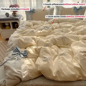 3pcs Korean style bow decoration bedding includes duvet cover and pillowcase (excluding core), duvet cover with zipper for easy disassembly and washing, comfortable and breathable fabric suitable for all seasons, Soft Bedding Sets, Comfy Bedding Set