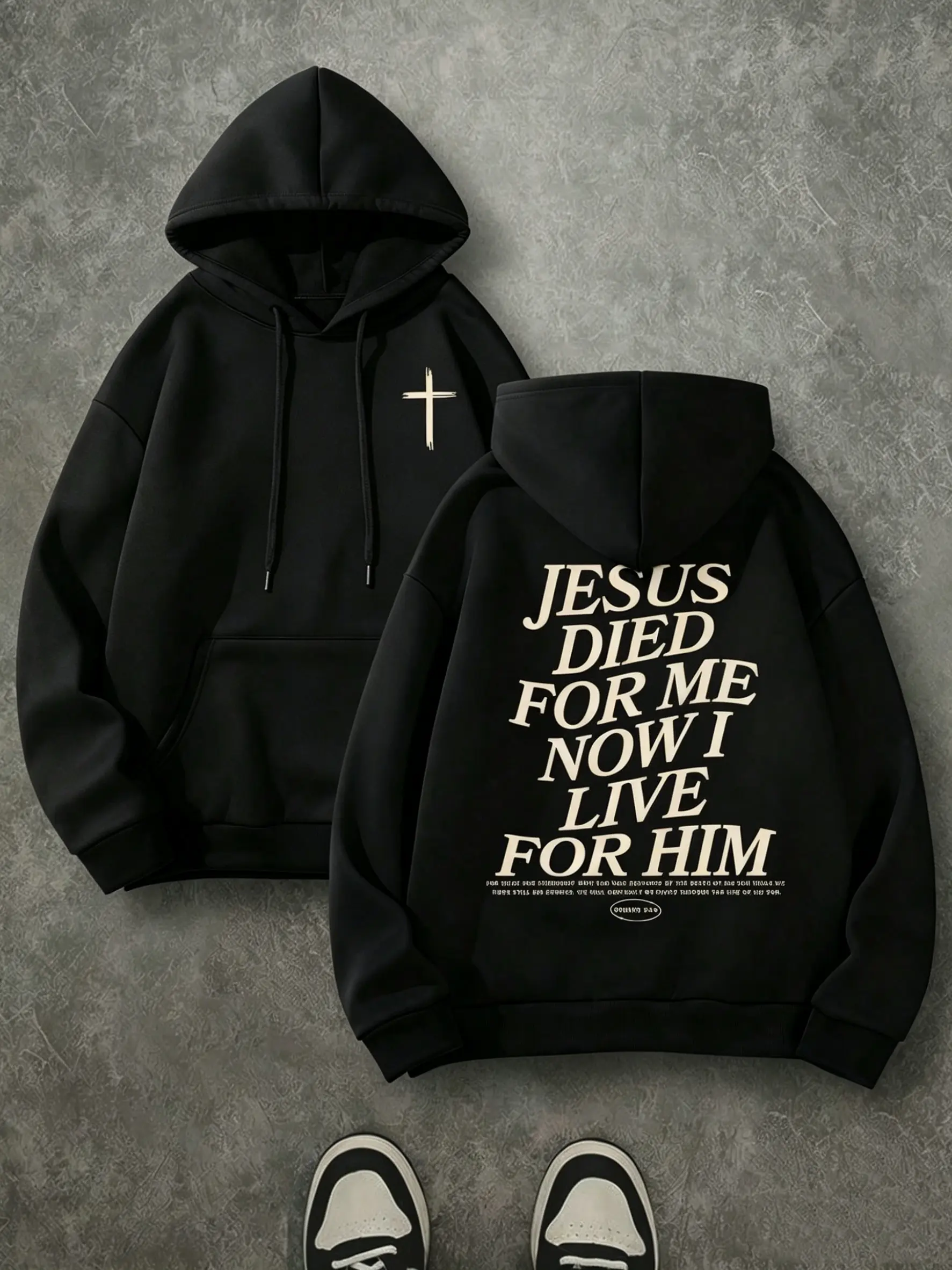 Jesus Died For Me Now I Live For Him Double Print Hoodie, 270G Brushed Fleece Minimal Front Cross Christian Hooded Sweatshirt, Religious Inspirational Casual Streetwear Pullover For Men Women
