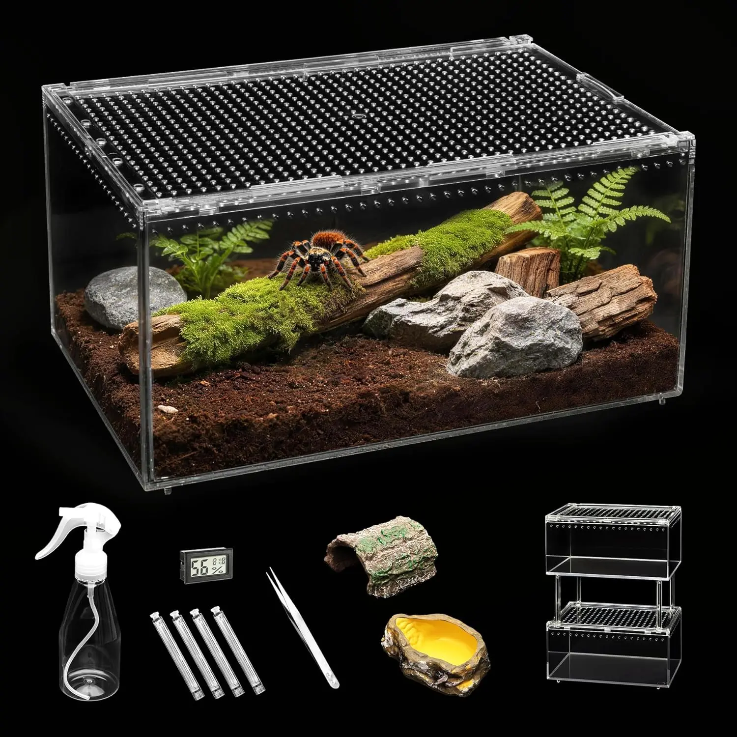 Large Rectangle Reptile Terrarium Kit - 11.8*7.8*5.9 Inches Escape-Proof Habitat for Daily Use, Suitable for Tarantulas, Hermit Crabs, Praying Mantises, Frogs, Insects, Lizards, Leopard Geckos