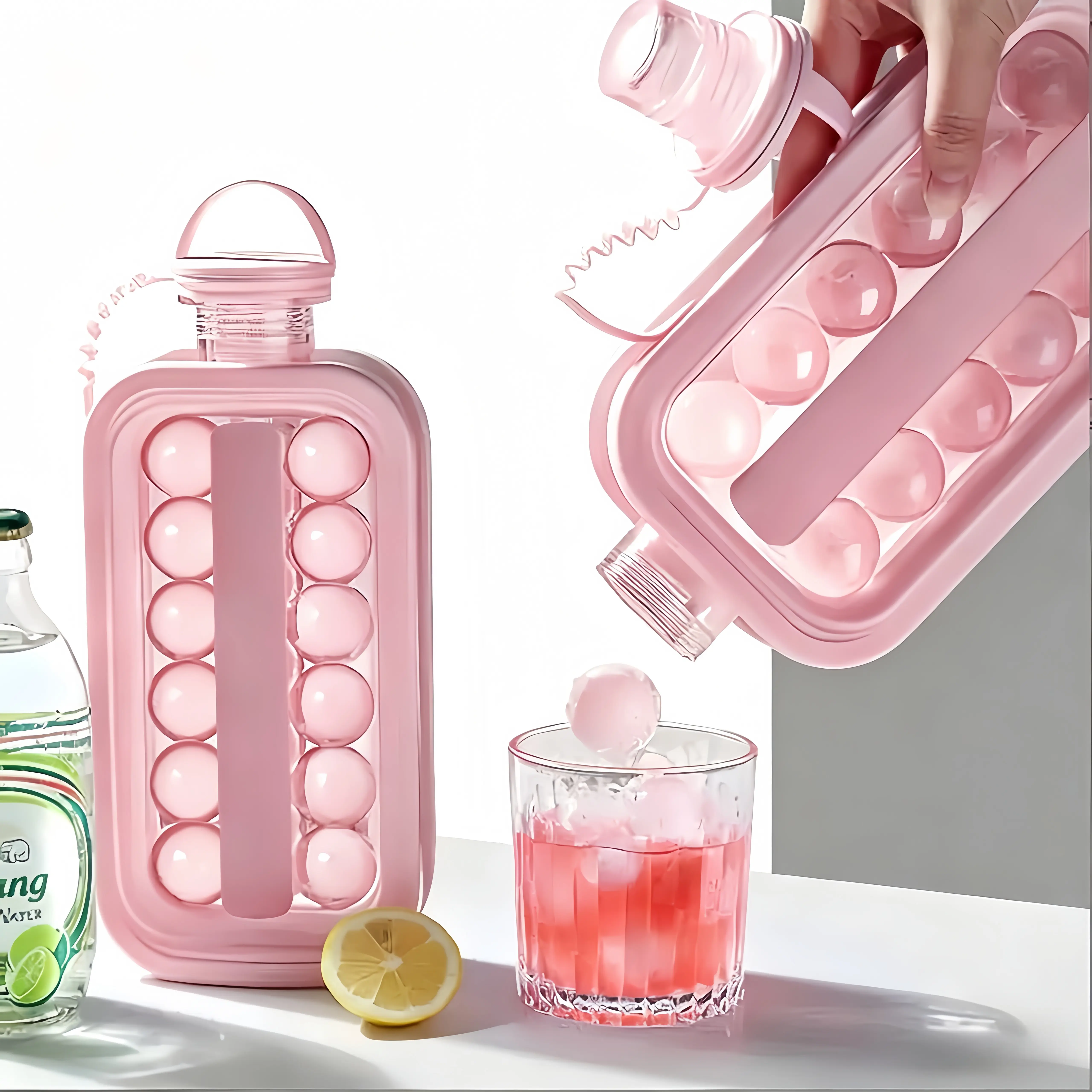 2-in-1 Portable Ice Cube Maker Bottle | Food-Grade Silicone Ice Tray with Built-In Dispenser, Easy Release Round Ice Ball Maker for Drinks, Cocktails & More BPA-Free Lid