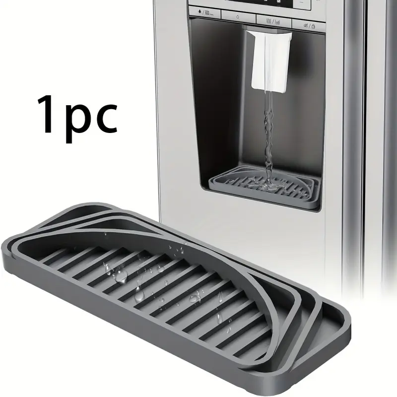 1pc Flexible Silicone Refrigerator Drip Tray - Water Collector, Water Splash Guard, Splatter Guard for Fridge & Dispenser, Cut-to-Size Design, Fits Whirlpool & Other Brands, Black/Grey, Keeps Countertops Dry & Clean, Easyclean Material