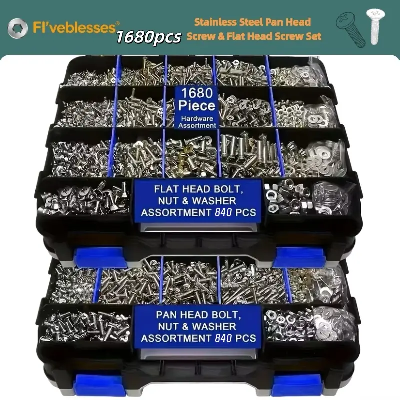 1680PCS Stainless Steel Phillips Pan & Countersunk Head Bolts Nuts Assortment Kit With Double Sided Storage Box